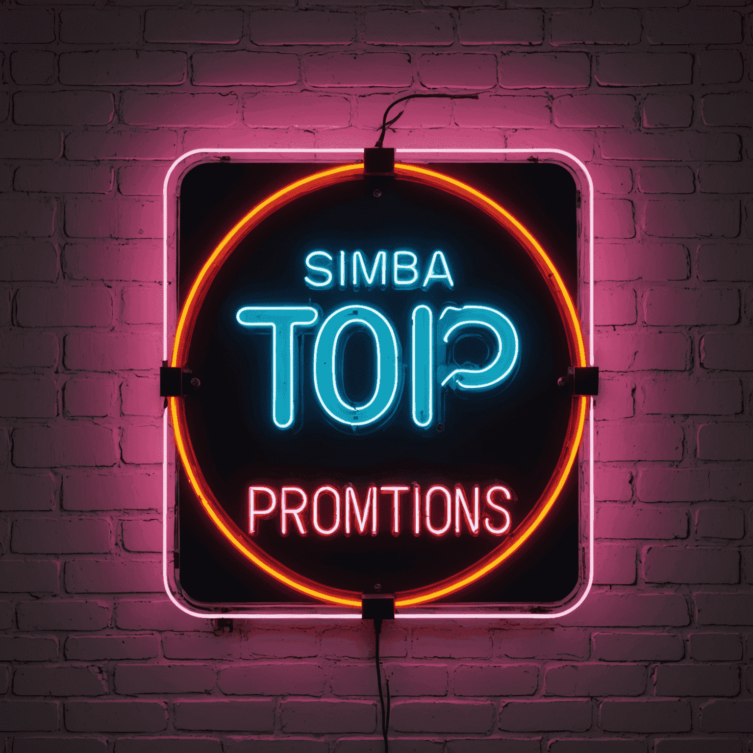 A vibrant neon sign displaying 'Simba Top-Up Promotions' with animated discount percentages flashing around it