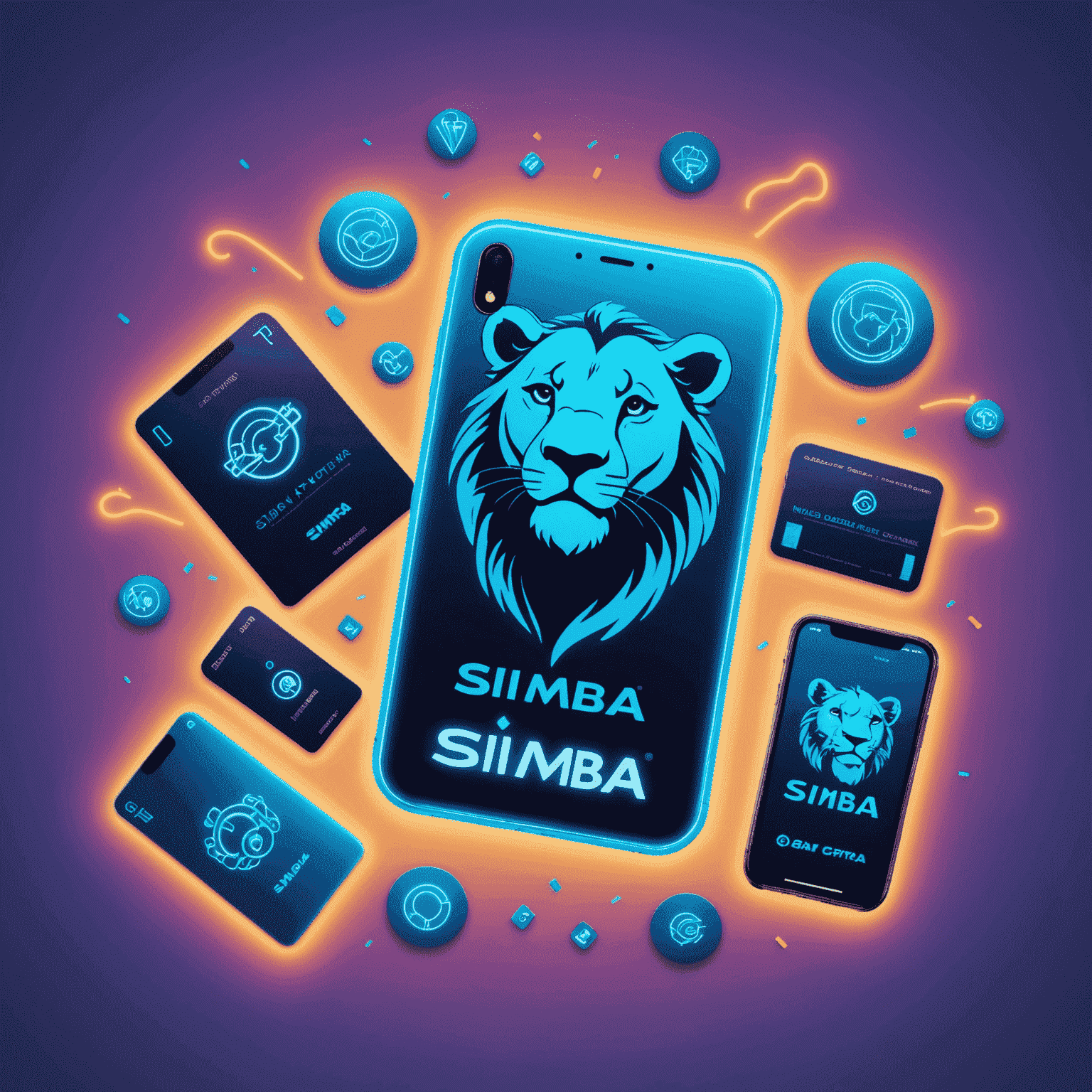 A vibrant neon blue image showcasing various Simba top-up cards and mobile devices with the Simba logo, surrounded by electric blue light effects