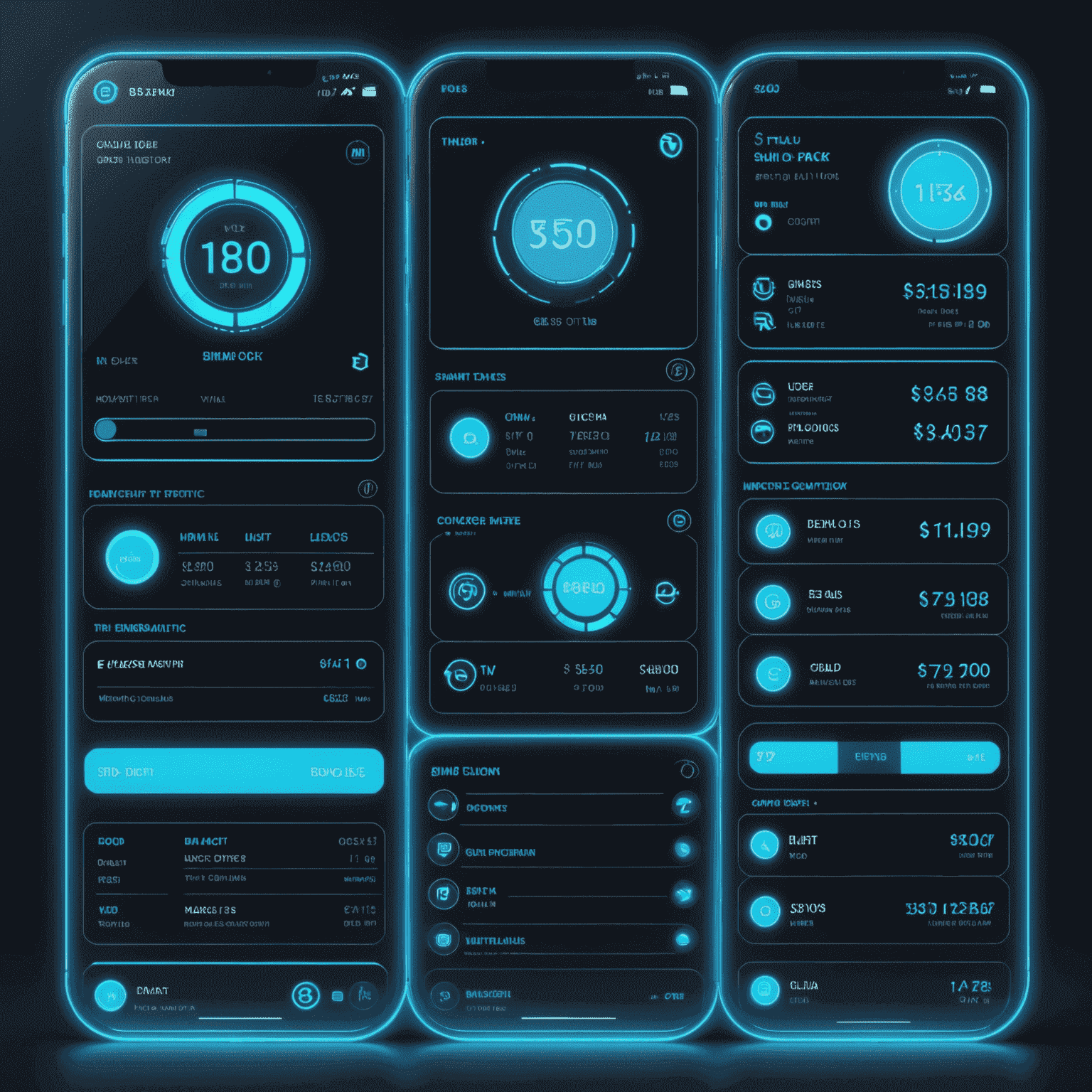 A futuristic interface showing various Simba top-up options with neon blue glow. The image displays different data packages and their prices in a sleek, holographic style.