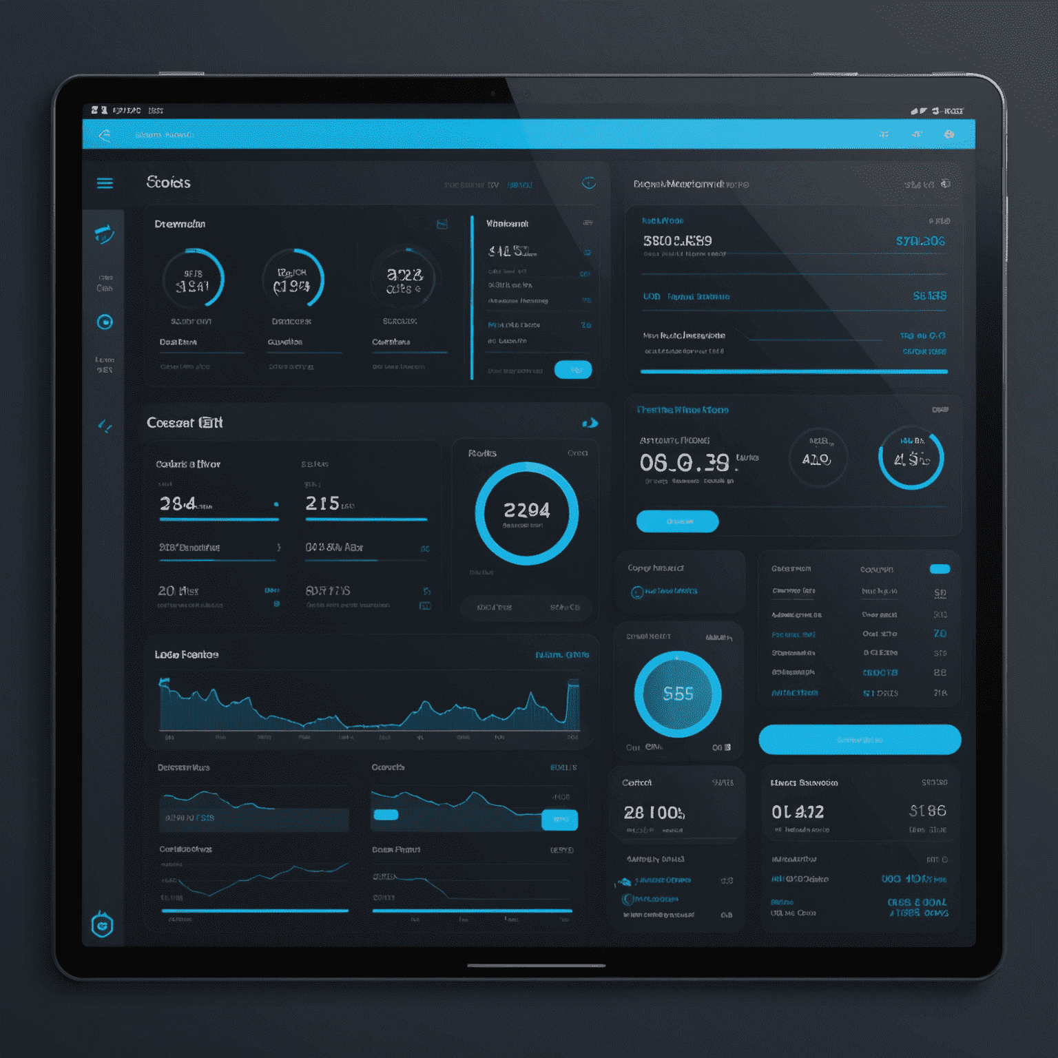 A futuristic dashboard interface for Simba account management, showing transaction history, account balance, and quick top-up options. The design features a sleek dark background with neon blue accents, embodying the blue neon style.