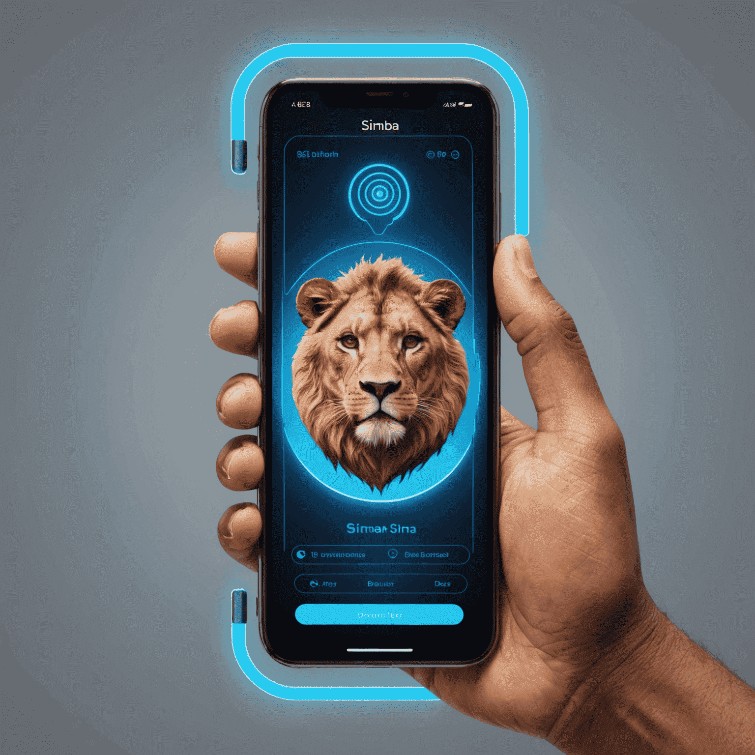 A step-by-step visual guide showing the Simba top-up process on a smartphone screen. Each step is highlighted with a blue neon glow, making it easy to follow.