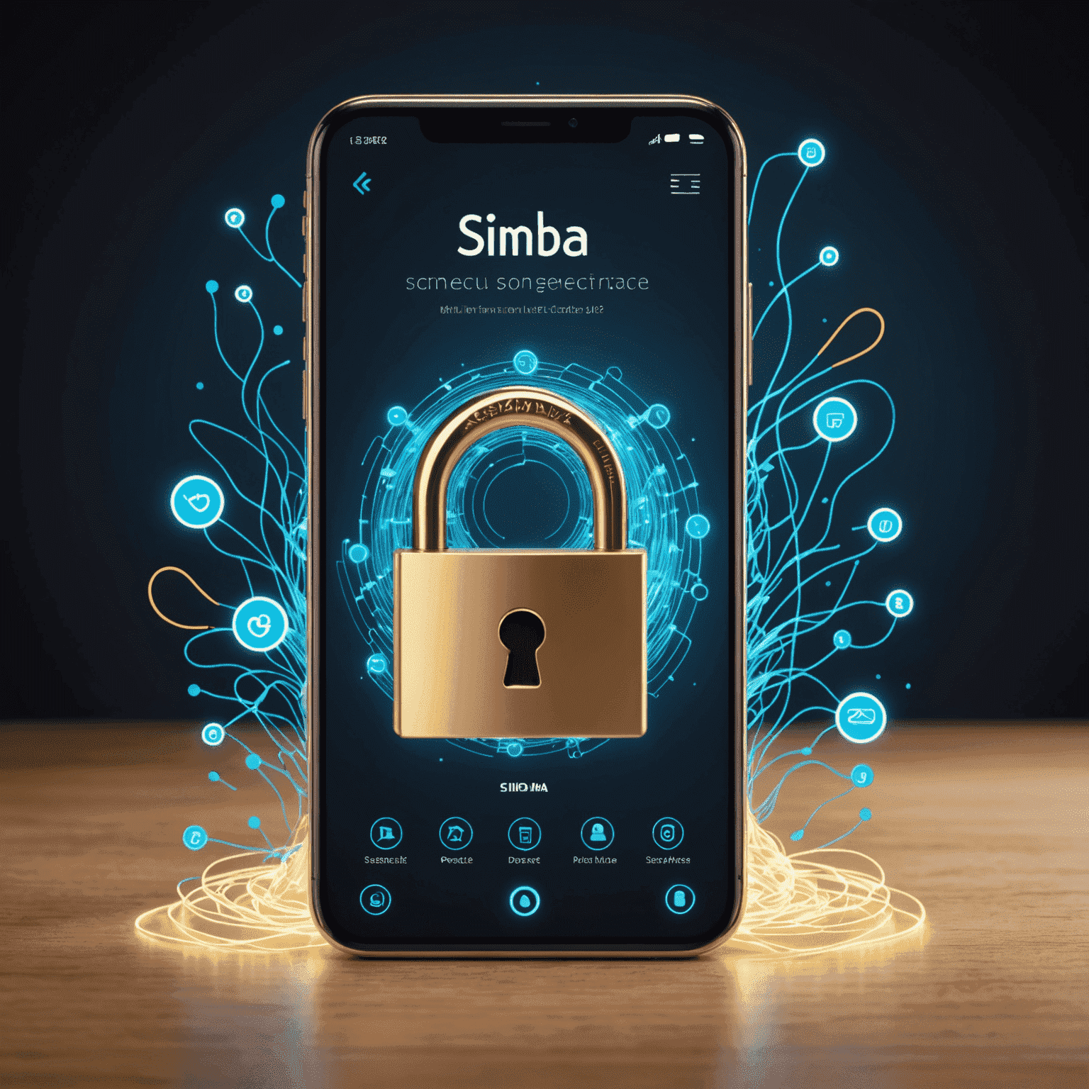 A visual representation of secure Simba top-up transactions, showing a mobile device, padlock icons, and flowing neon blue data streams