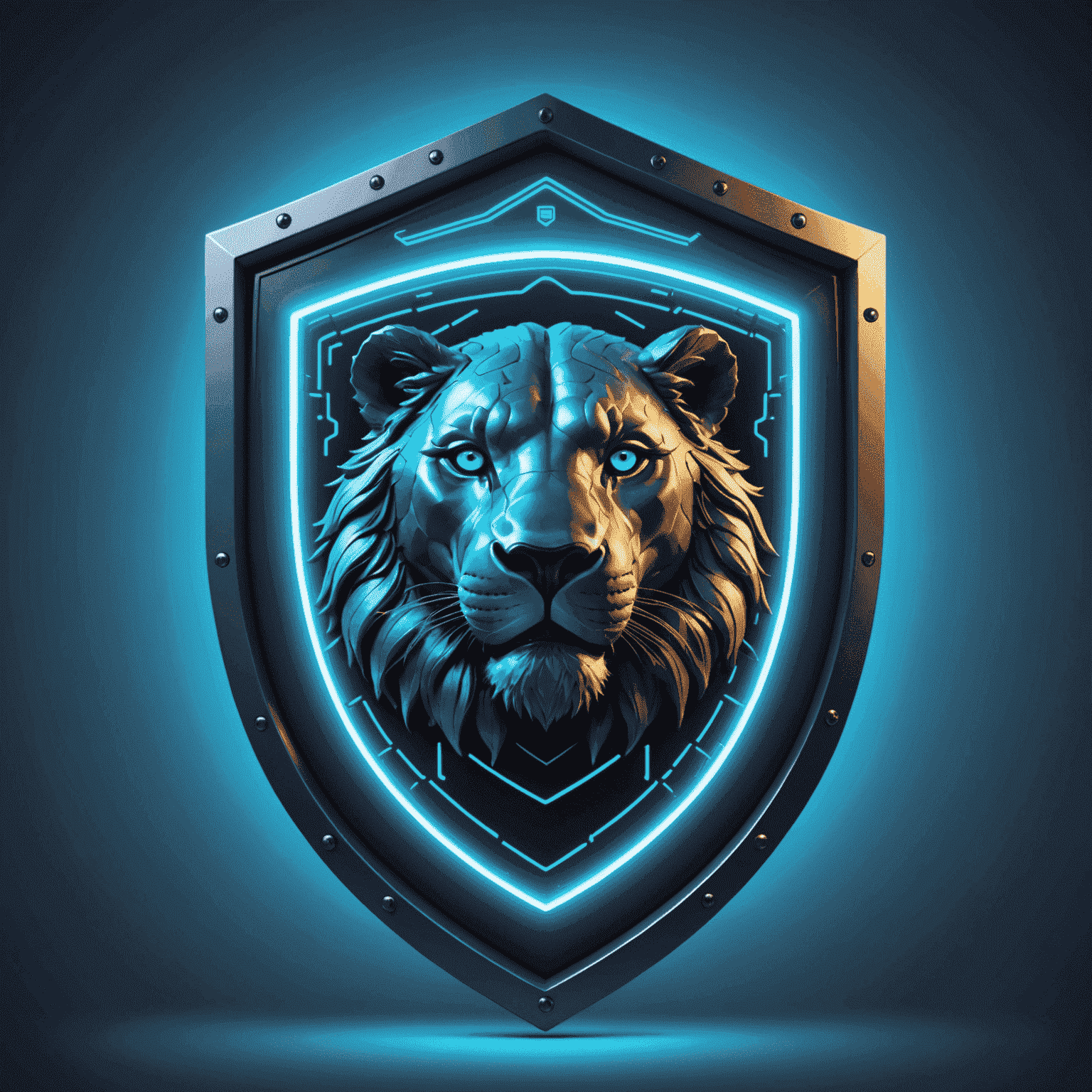 A futuristic neon-blue shield icon with a digital lock, symbolizing enhanced security for Simba top-up transactions