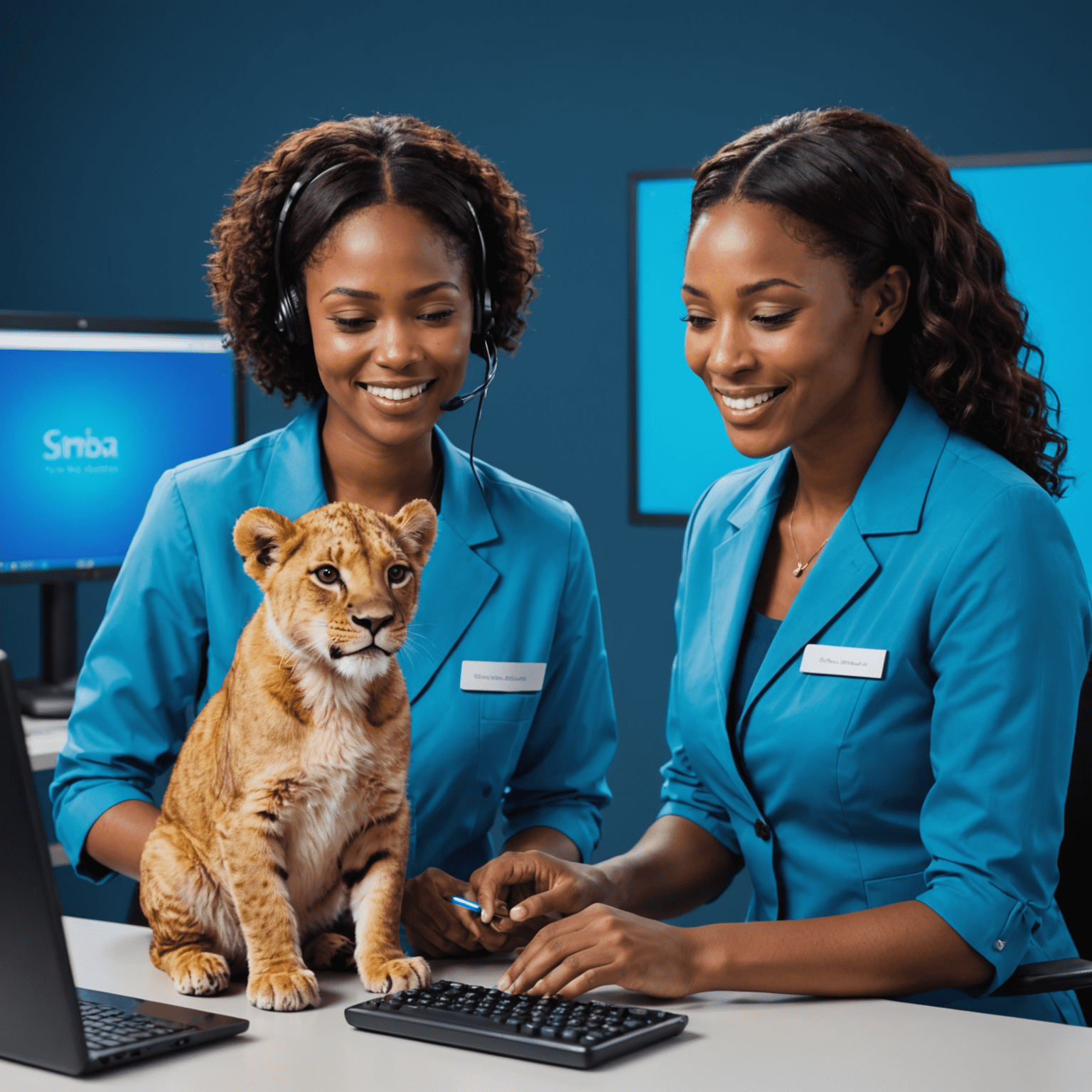 A friendly customer service representative assisting a user with Simba top-up troubleshooting. The image has a calming blue background with neon accents.