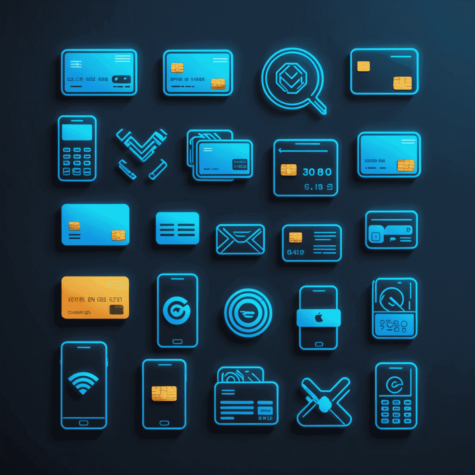 A neon blue collage of various payment method icons including credit cards, mobile money, and bank transfers