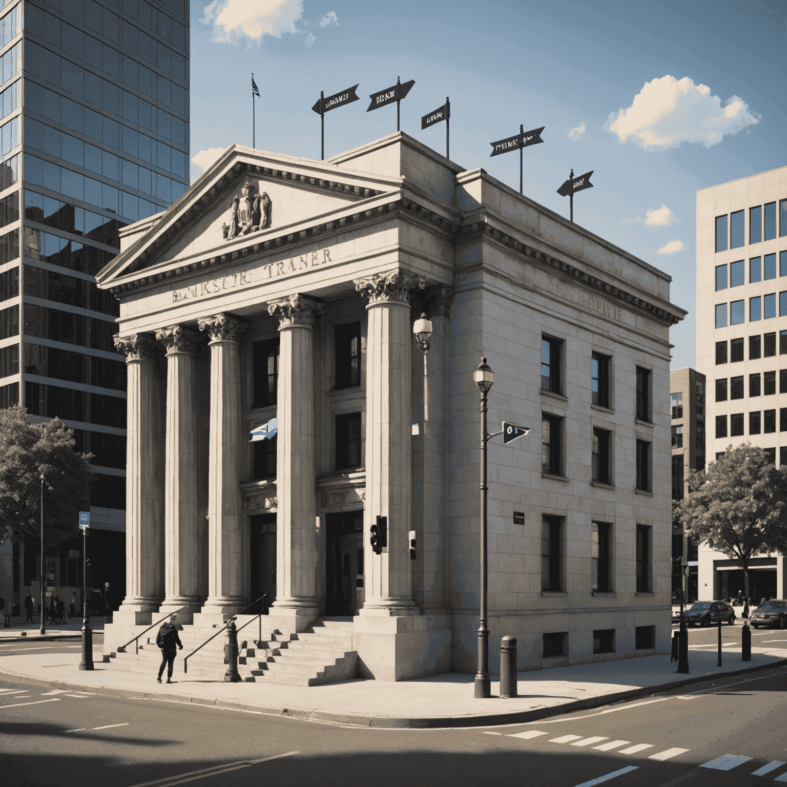 Illustration of a bank building with arrows indicating money transfer