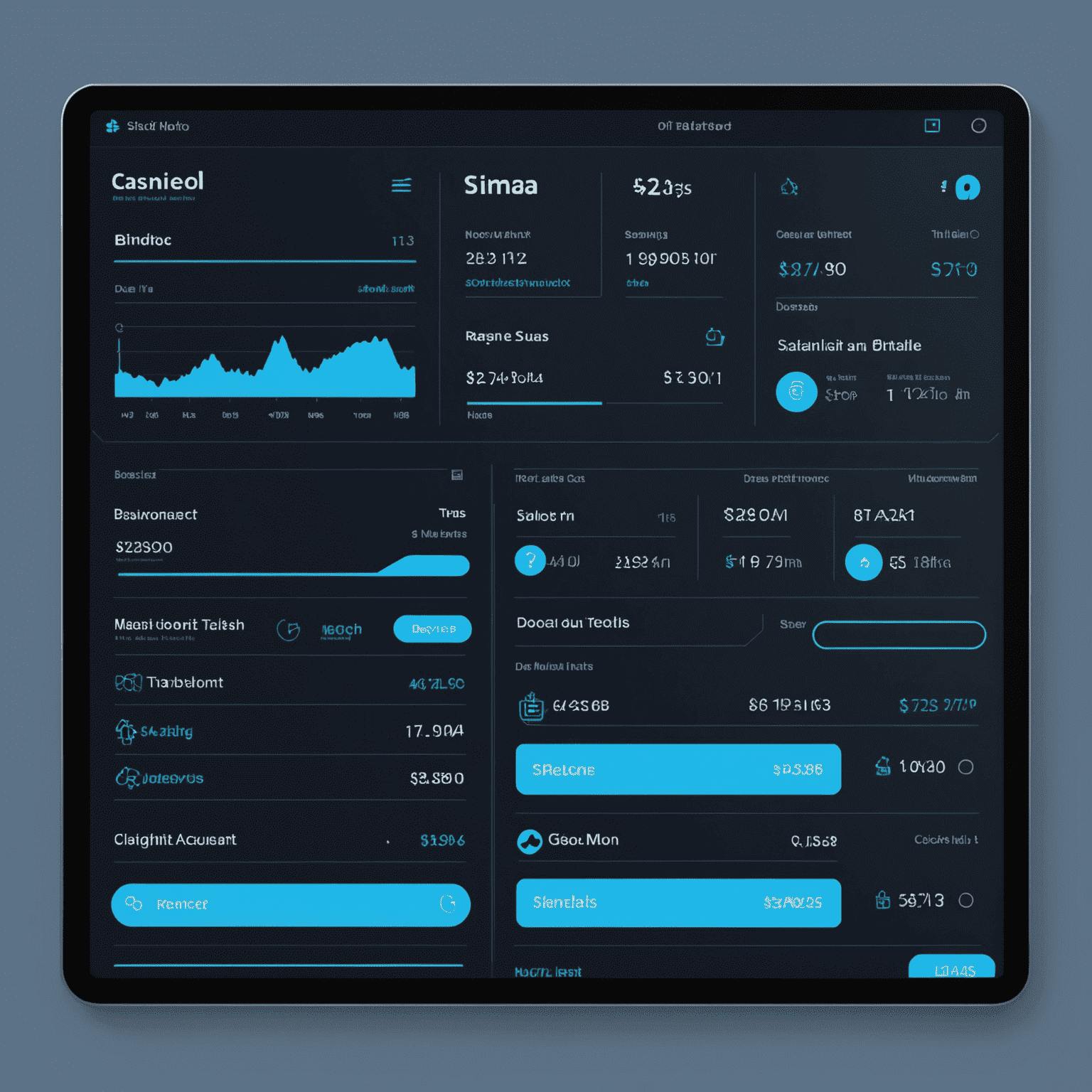 A neon blue dashboard interface showing Simba account details, balance, and transaction history