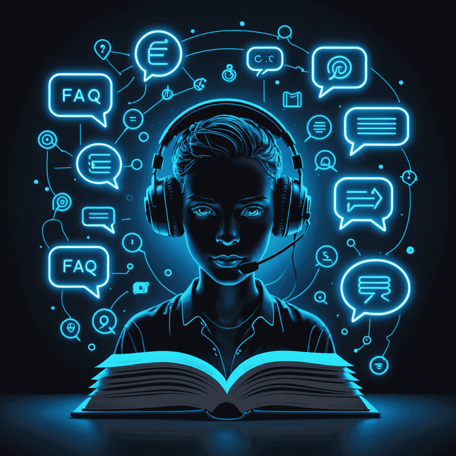 A neon blue image depicting customer support with icons of headsets, chat bubbles, and a FAQ book