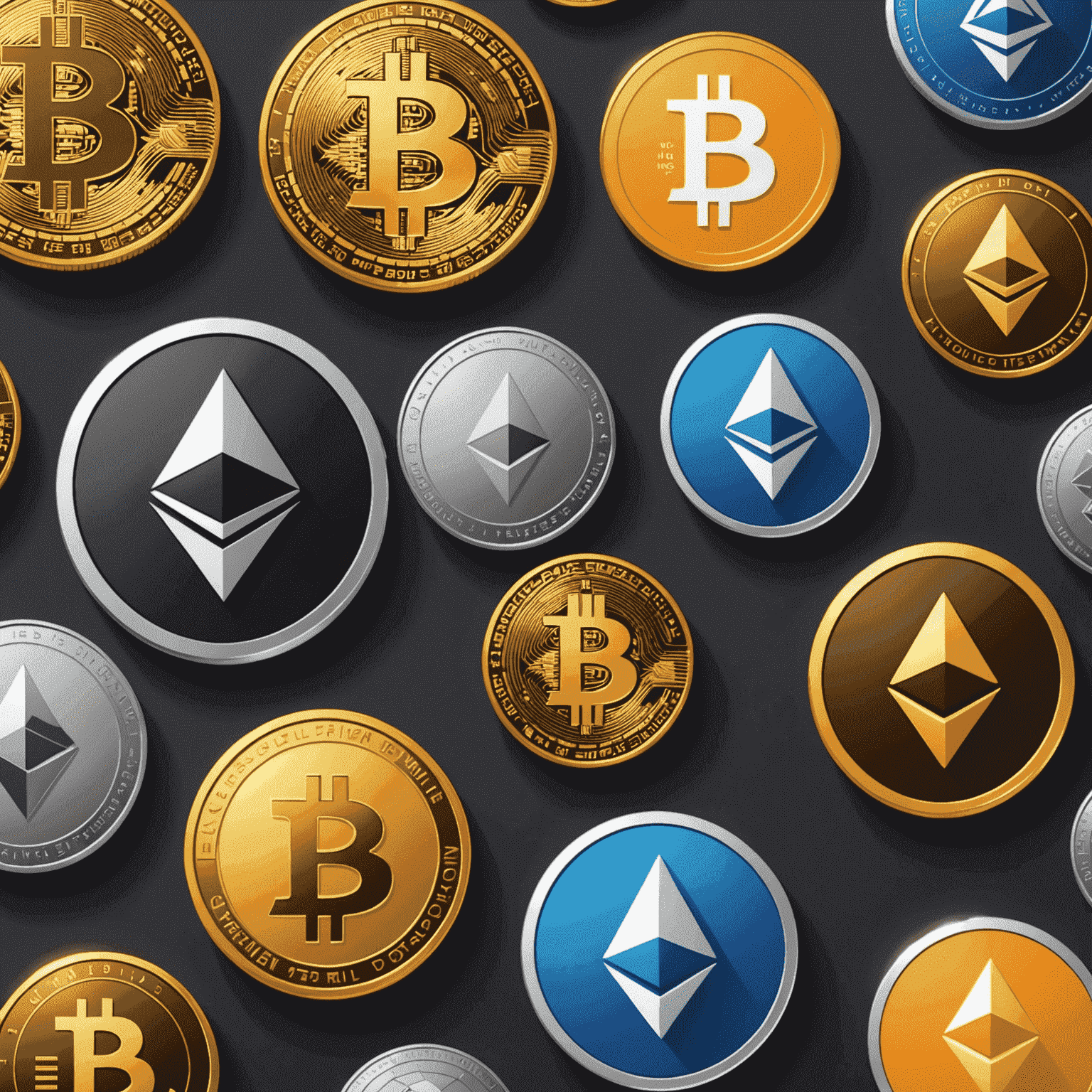 Icons of various cryptocurrencies like Bitcoin, Ethereum, and Litecoin